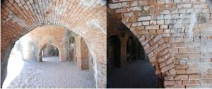 The Casemates run along three seaward sides of the fort. These arches support the bastions and cannon above and provide gun ports for fort defense. Note the detail of the brick work in constructing the arches.