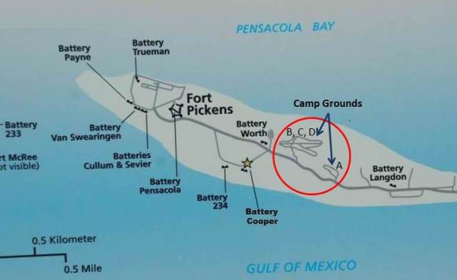 Fort Pickens area map; campground circled in red.